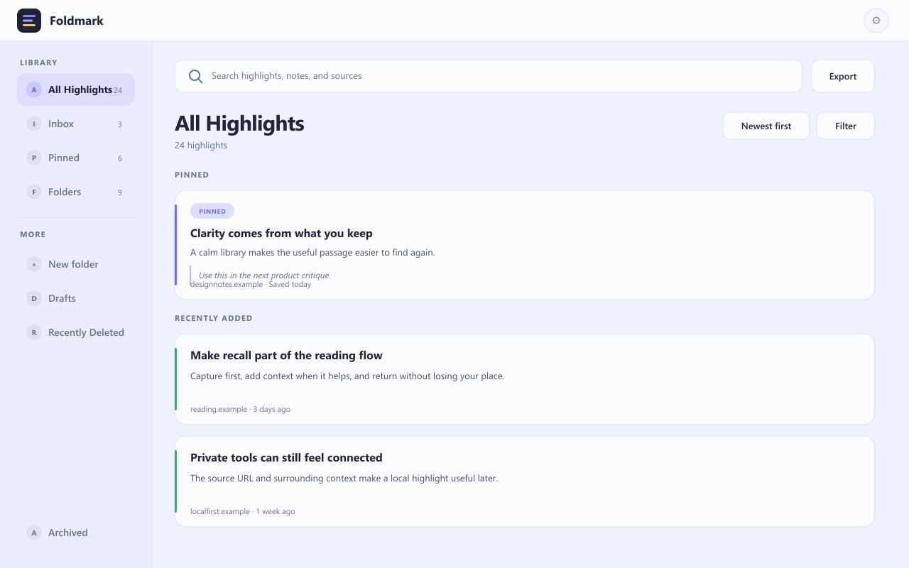 Foldmark All Highlights library with pinned and recently added passages