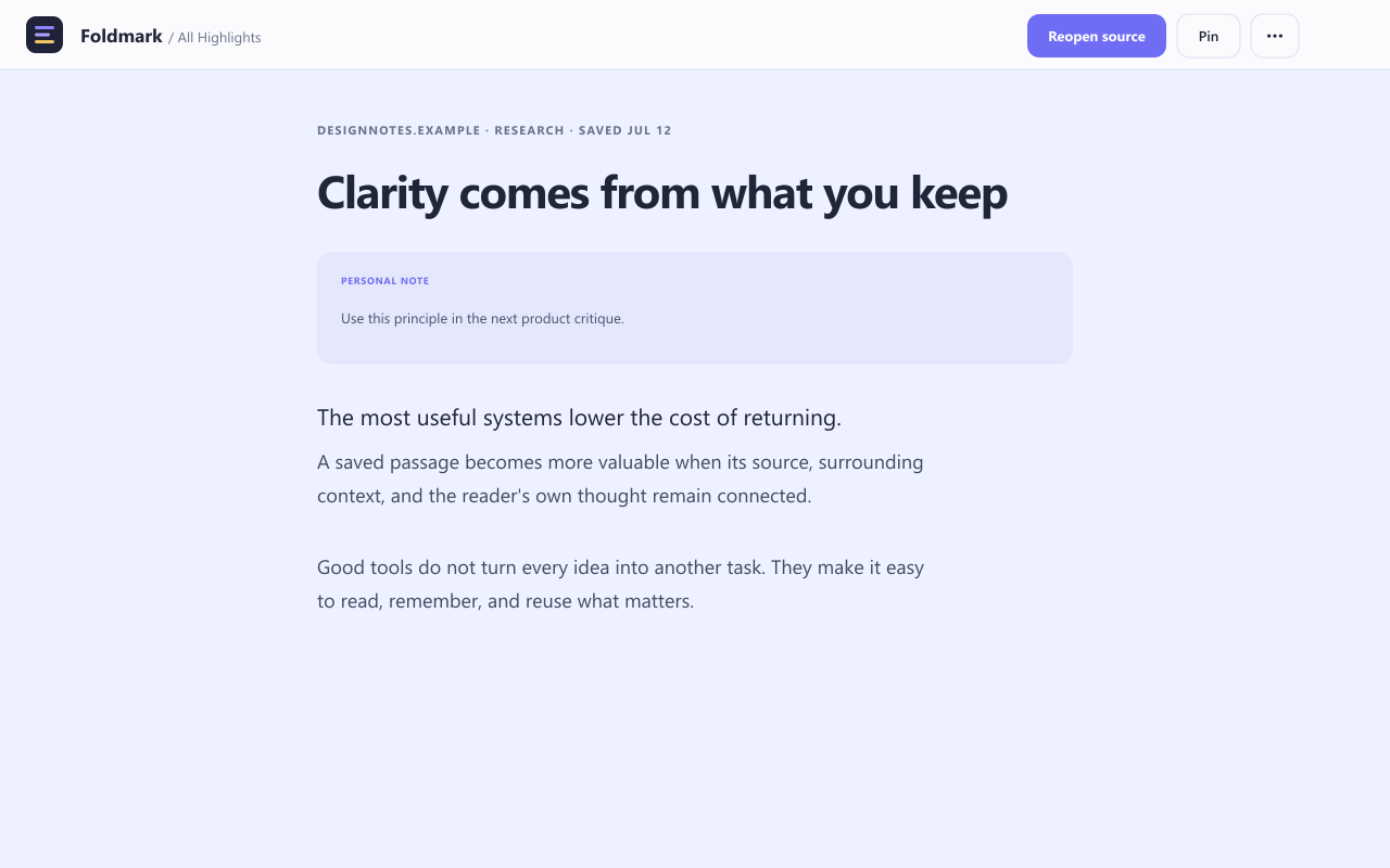 Foldmark distraction-free highlight reader with source and note