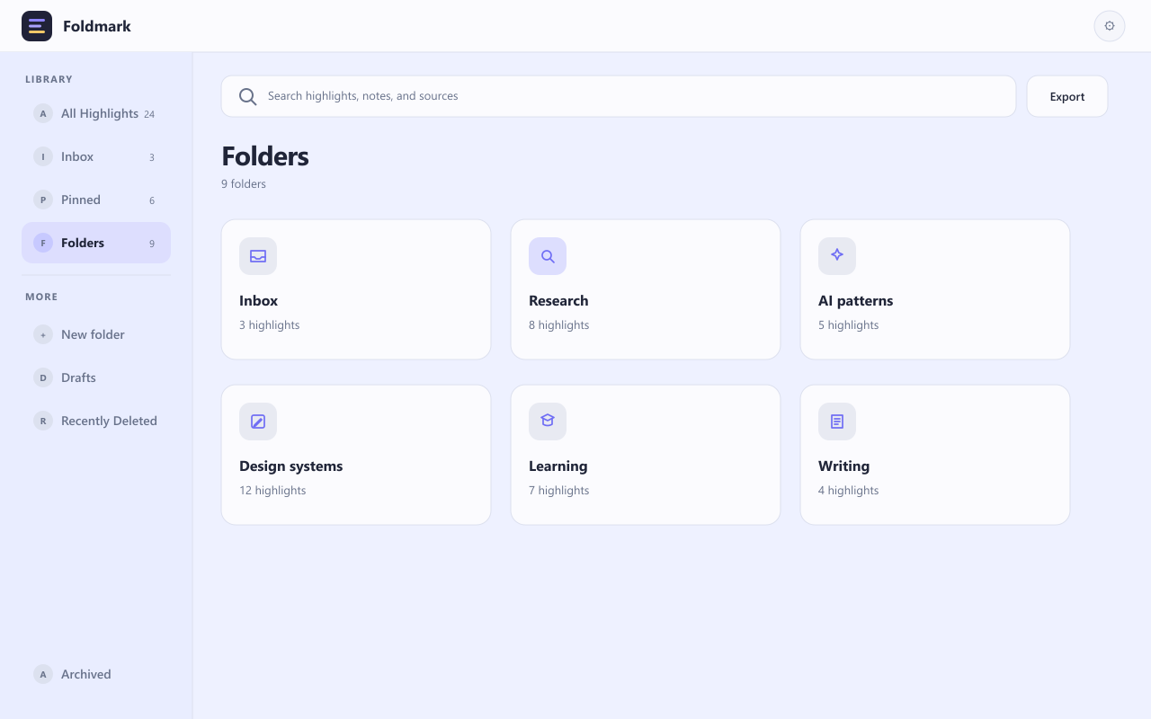 Foldmark folder library with highlight counts and recent folder organization